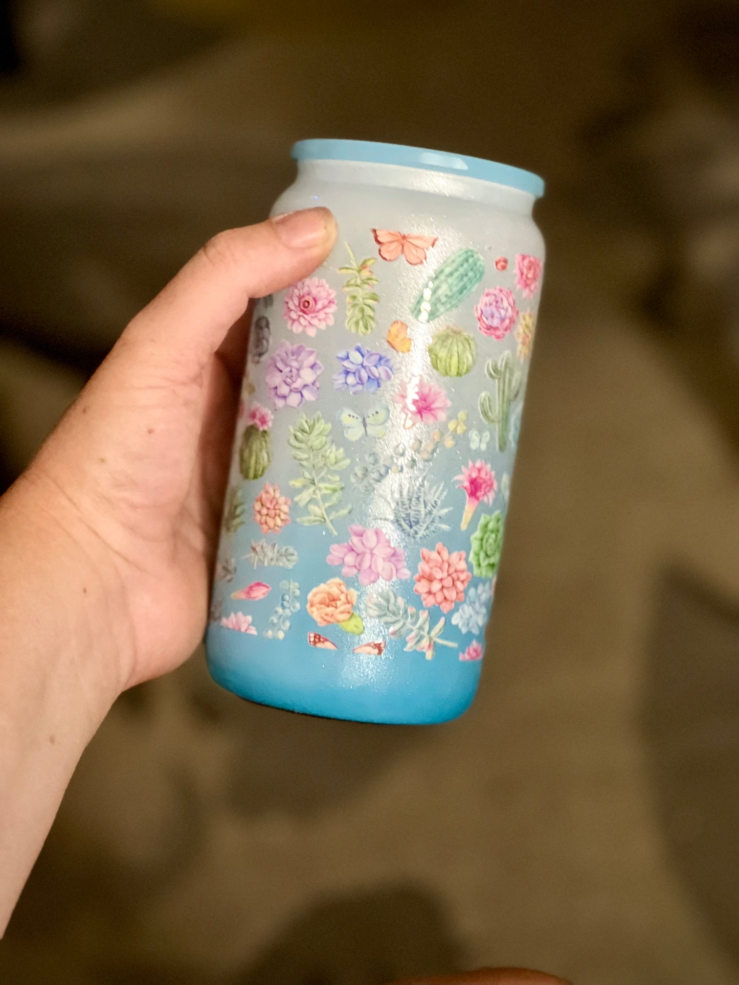 16oz glass can RTS Blue Glitter Shimmer