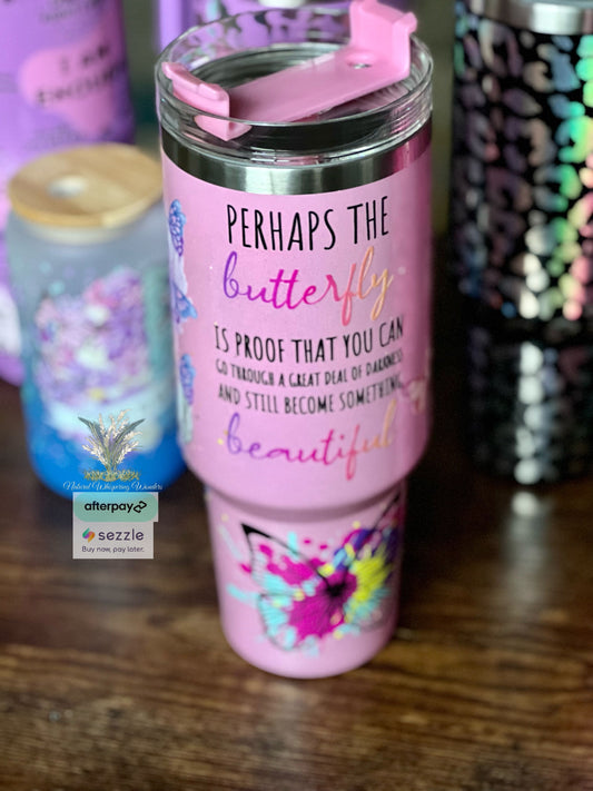 Beautiful butterfly 40oz insulated tumbler with handle RTS