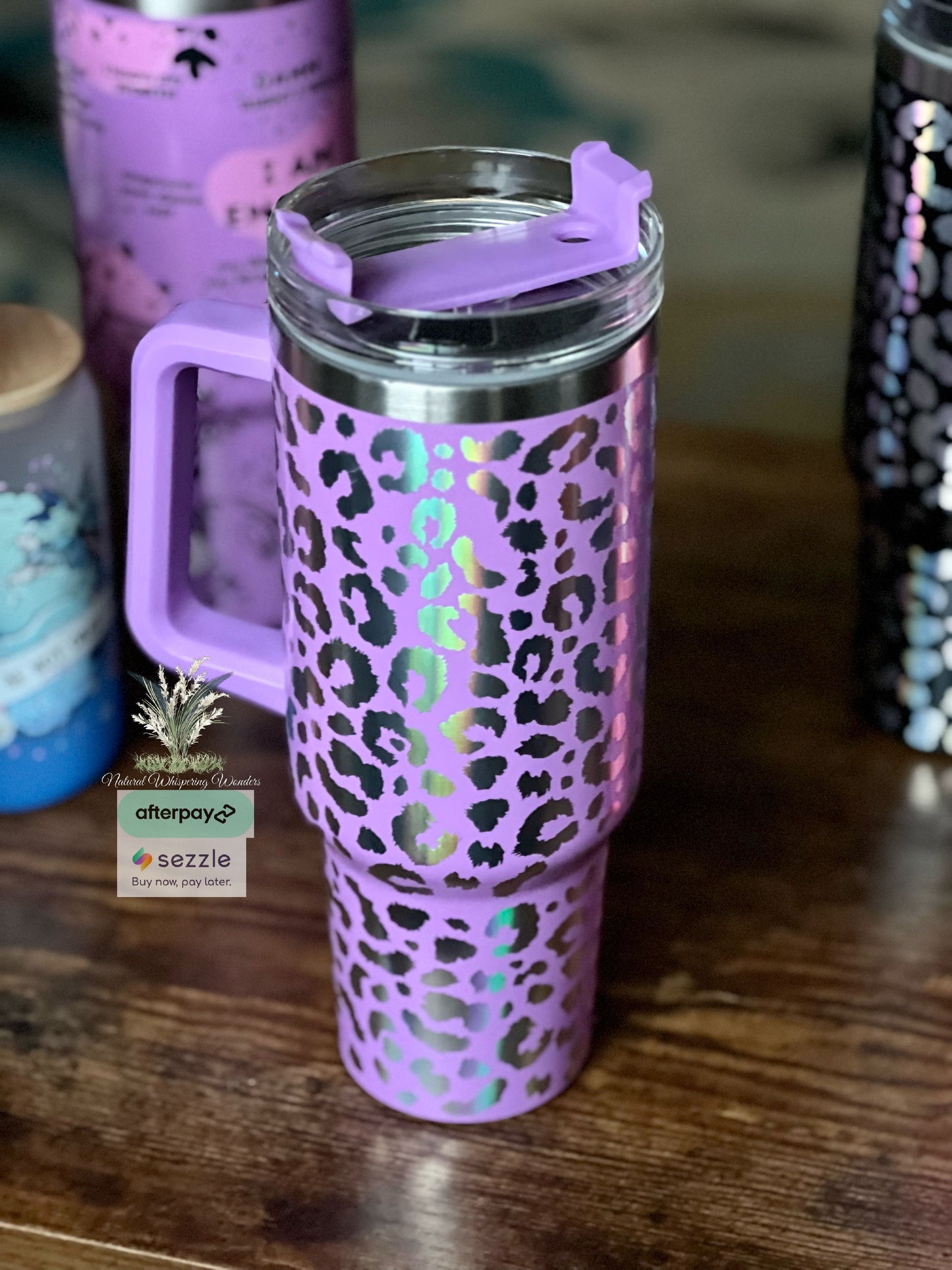 40 insulated tumbler with handle RTS purple Leopard