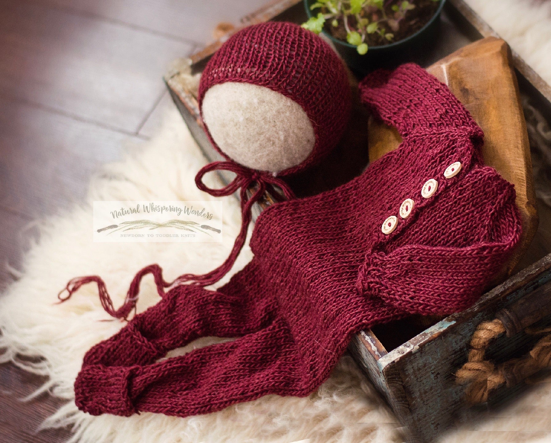 hand knit signature fold over footed pockets sleeper deep red preorder with bonnet