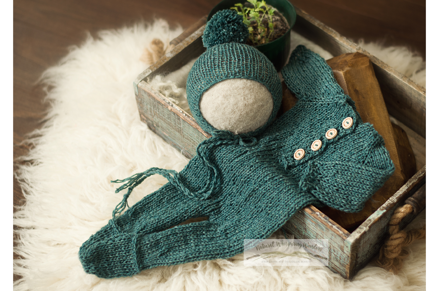 signature brec sleeper set photo prop newborn hand knit merino fold over footed pockets bonnet green