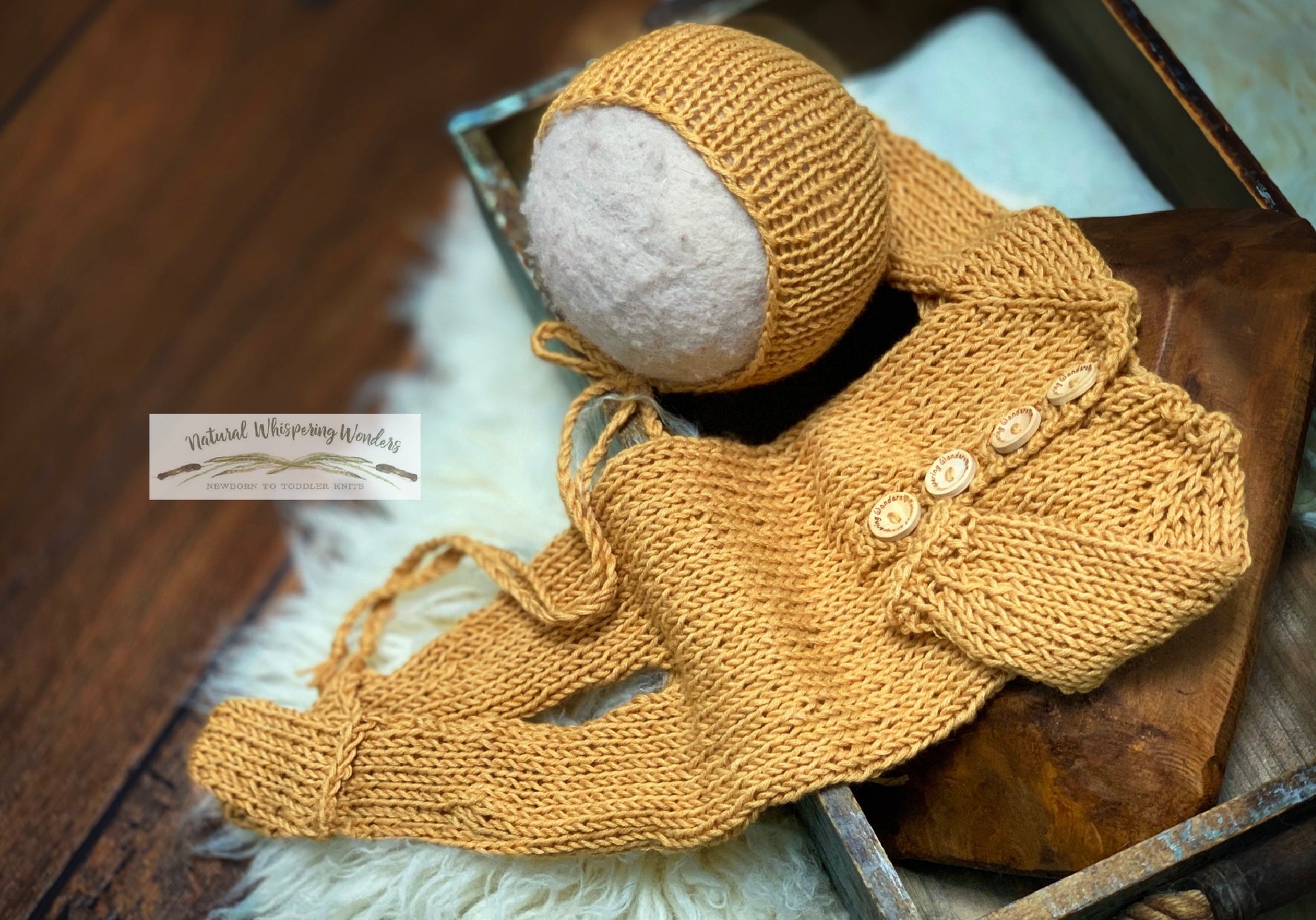 hand knit photo prop gold signature fold over footed pockets newborn sleeper and bonnet
