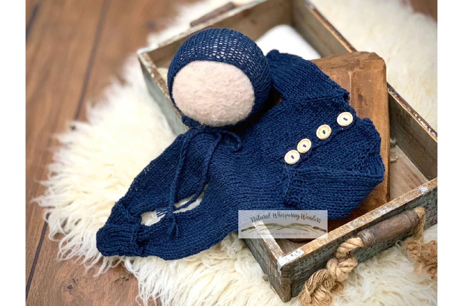 signature newborn hand knit sleeper set with bonnet navy fold over footed pockets photo prop merino