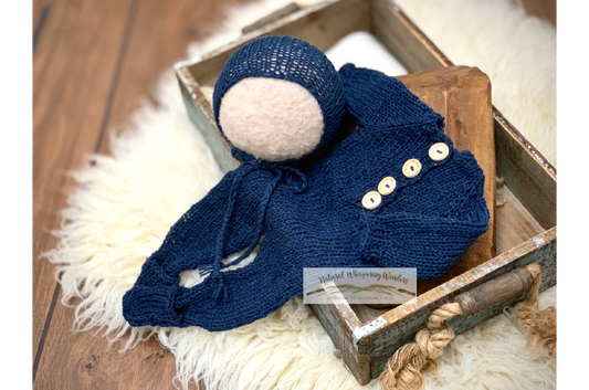 signature newborn hand knit sleeper set with bonnet navy fold over footed pockets photo prop merino  