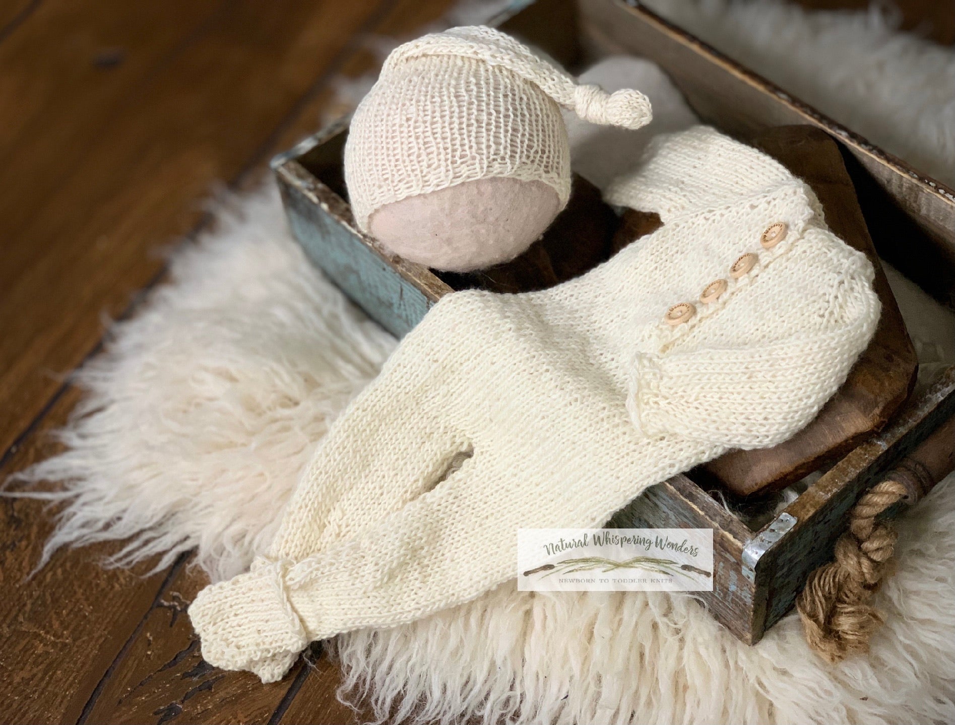 hand knit photo prop signature sleeper newborn fold over footed pockets off white with sleepycap 