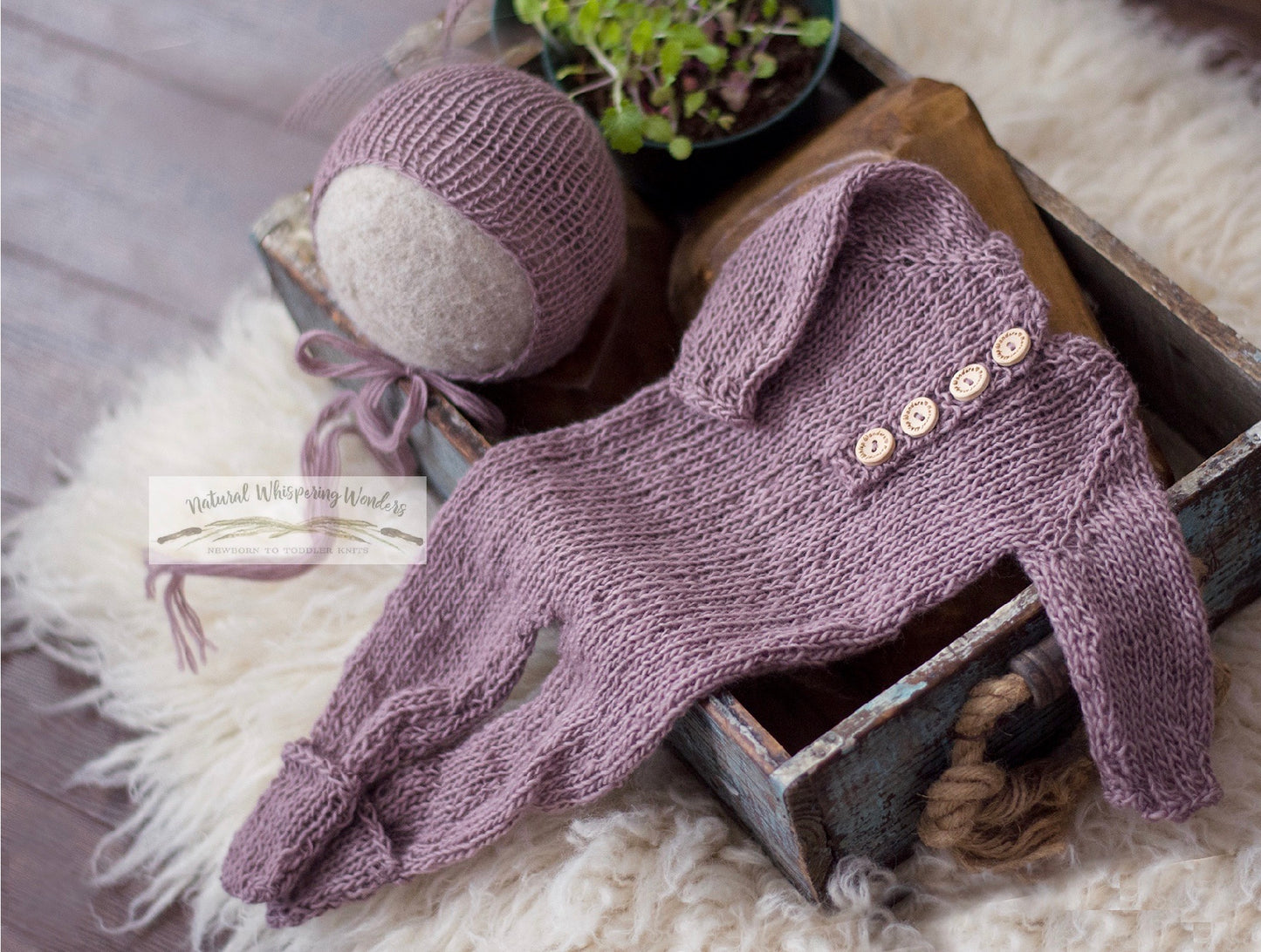 newborn Jace Sleeper photography props mauve preorder with bonnet