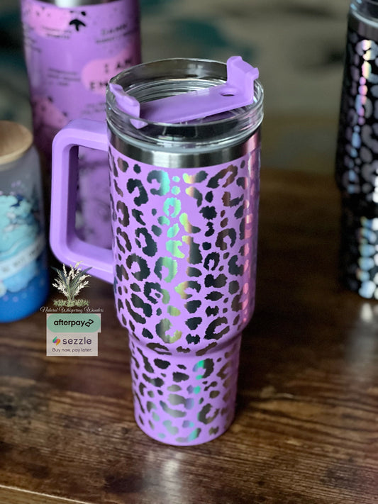 40 insulated tumbler with handle  RTS purple Leopard